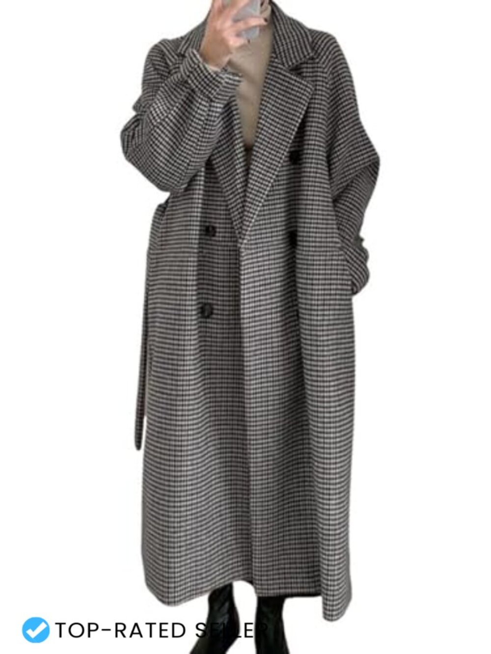 Womens Plaid Tweed Blazer Trench Coat Notched Double Breasted Belted Midi Pea